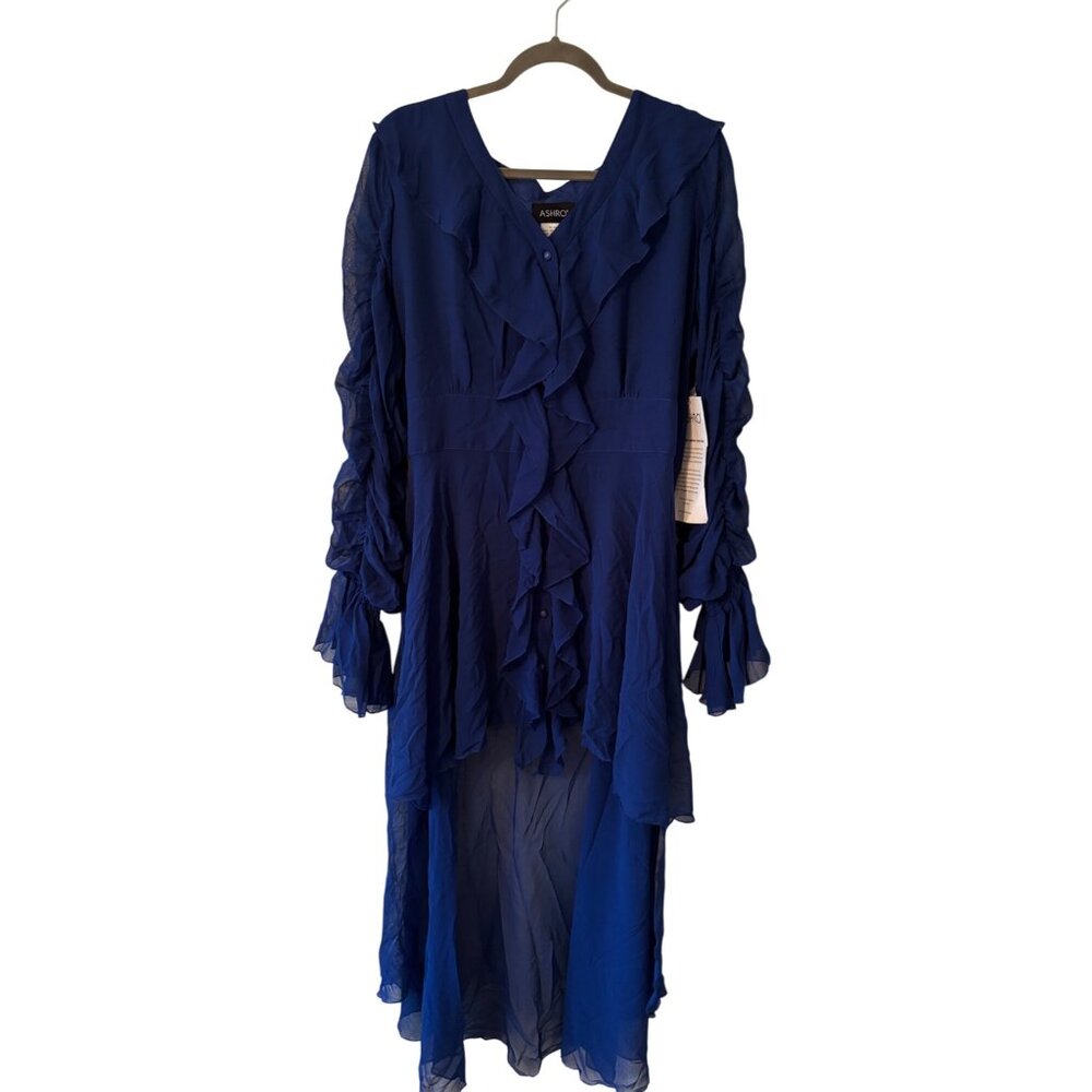 Ashro Womens Cobalt Blue Ruffled Long Sleeve Sheer Layered Dress - Picture 2 of 8